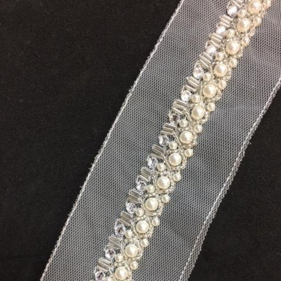 Beaded Trim - Ivory Pearls X Pattern Silver Beads and Crystal