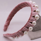Velvet Ribbon and Pearl Headbands - single row pink