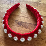 Velvet Ribbon and Pearl Headbands -single row red