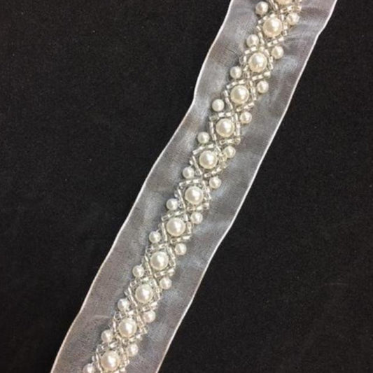 Beaded Trim - [1.5cm] Ivory Pearls and  X Pattern Silver Beads [per 1/2m] - AU - B Unique Millinery