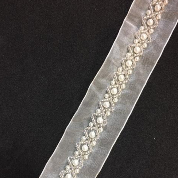 Beaded Trim - [1cm] Ivory Pearls and  X Pattern Silver Beads [per 1/2m] - AU - B Unique Millinery
