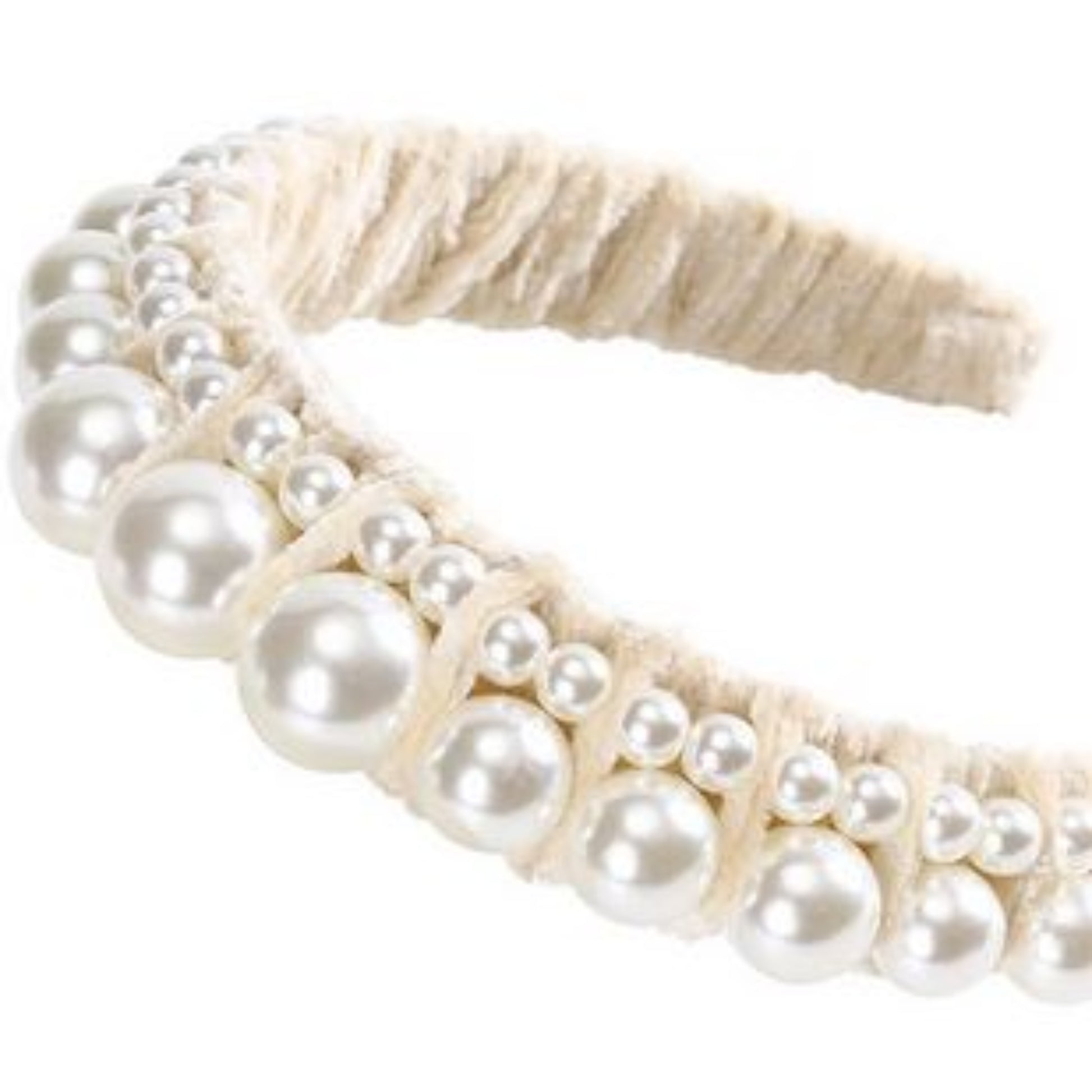 Velvet Ribbon and Pearl Headbands - double row beige