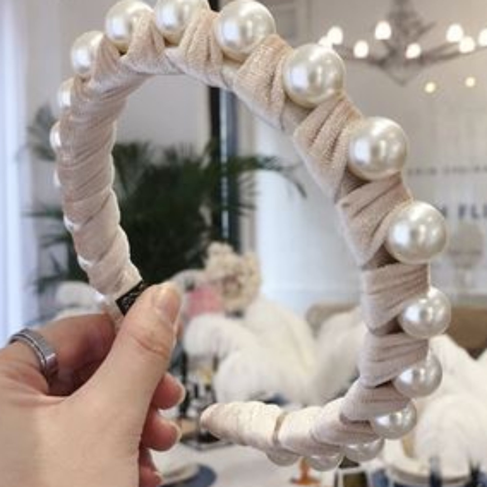 Velvet Ribbon and Pearl Headbands - single row bone