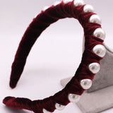 Velvet Ribbon and Pearl Headbands - single row dark red