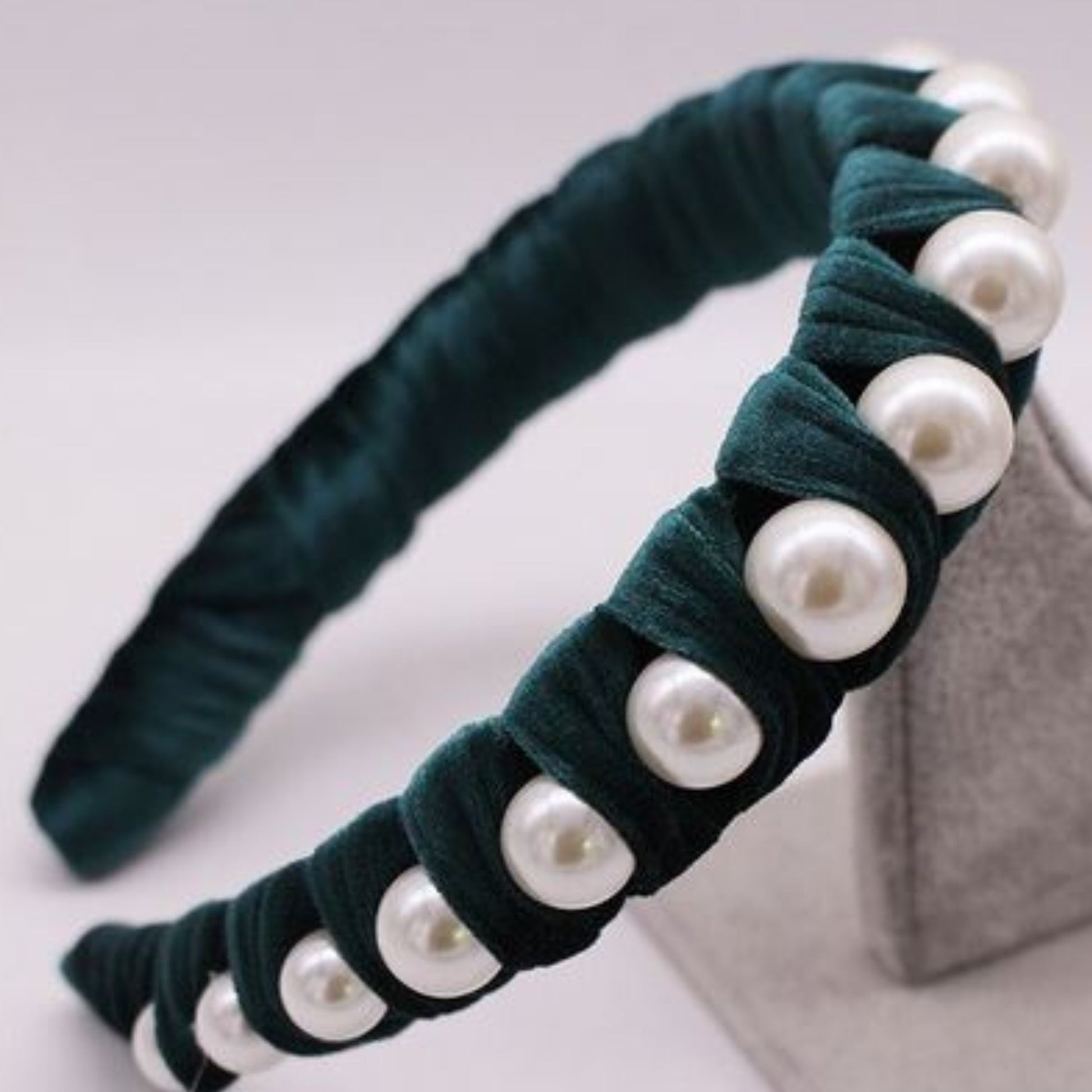 Velvet Ribbon and Pearl Headbands - single row teal