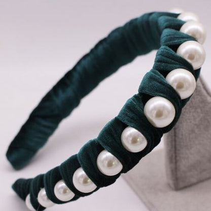 Velvet Ribbon and Pearl Headbands - single row teal