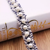 Beaded  Navy Blue Trim - Ivory Pearls and Silver Beads