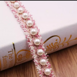 Beaded  Pink Trim - Ivory Pearls and Silver Beads