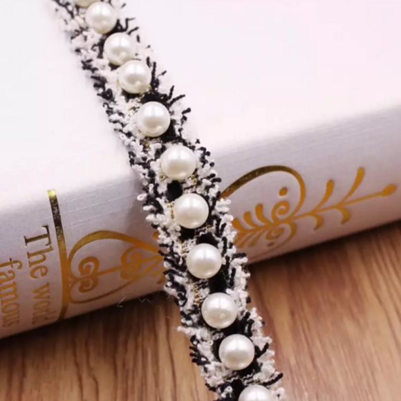 Beaded  Black Trim - Ivory Pearls and Silver Beads